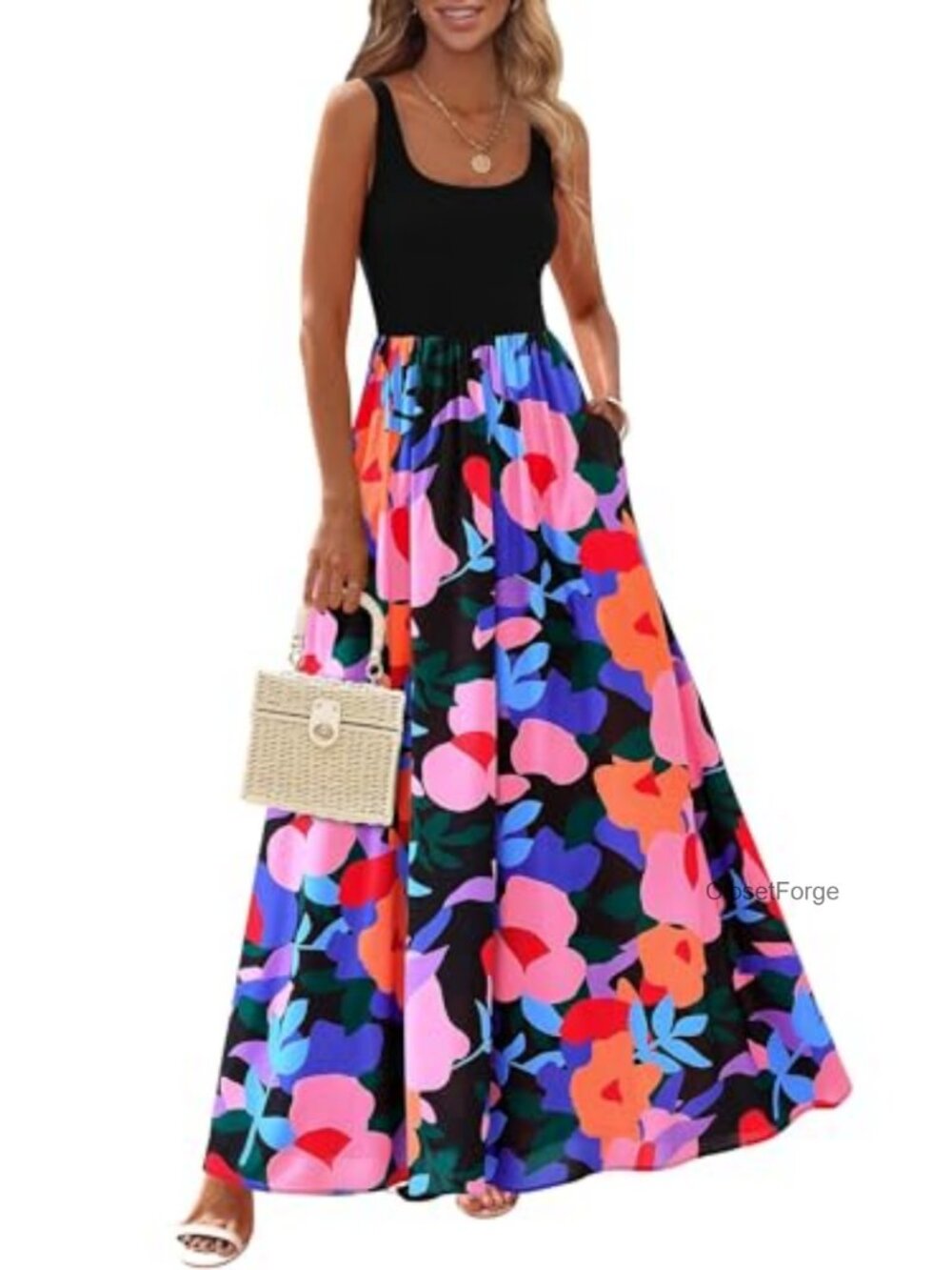 Boho Floral Maxi Dress Sleeveless Scoop Neck Summer Sundress